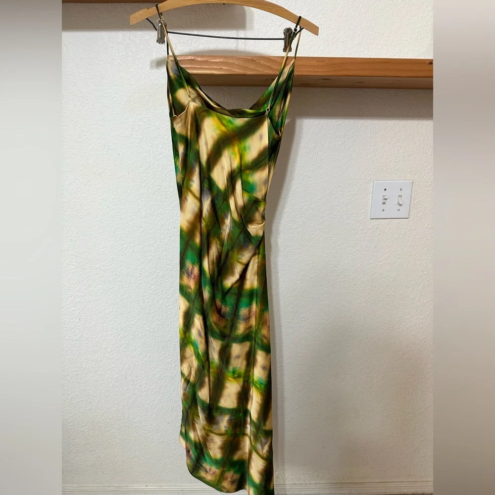 Zara Satin Effect Asymmetrical Satin Dress Size Medium Cowl Neck Multicolor - Picture 8 of 9